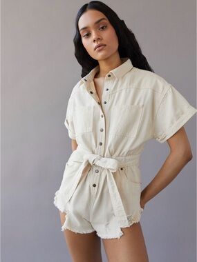BDG Cream Short-Sleeve Utility Romper